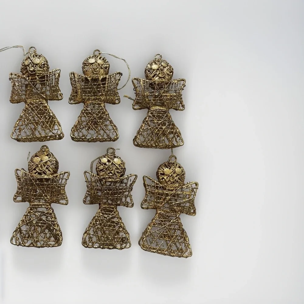 Vintage 1980s Gold Glittered Wire Mesh Angels Christmas Ornaments 6pcs